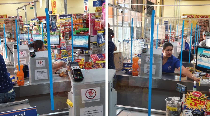 Barreiras de proteção de acrílico nos caixas do Supermercado Sondas